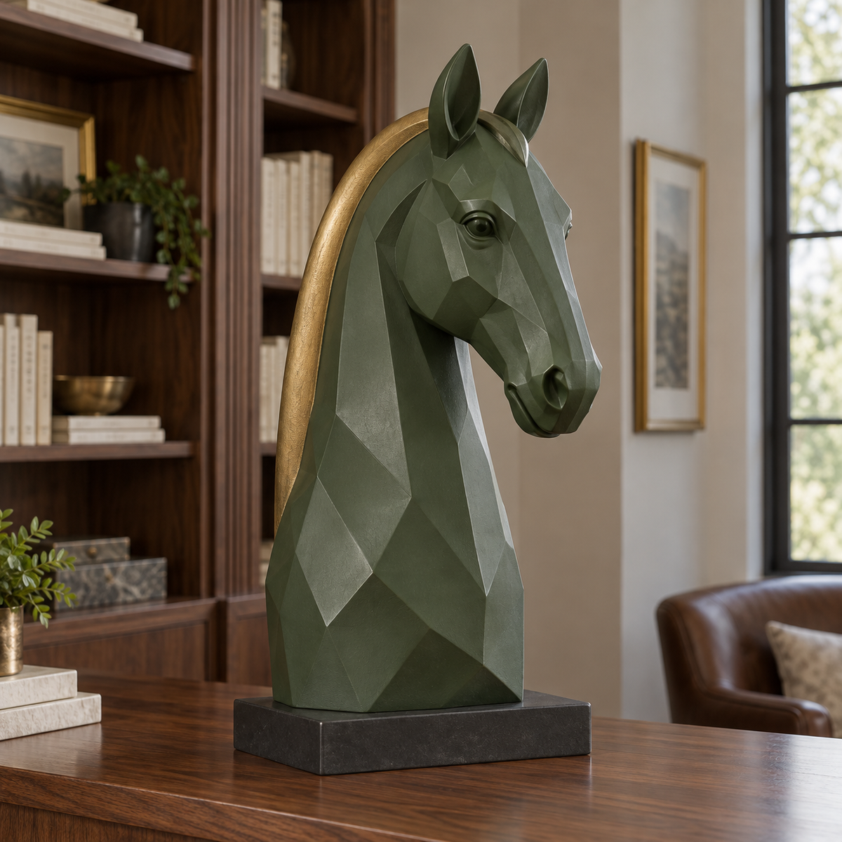Verdant Poise sage-green geometric fiberglass horse bust with a gold mane on a walnut console in a home library.