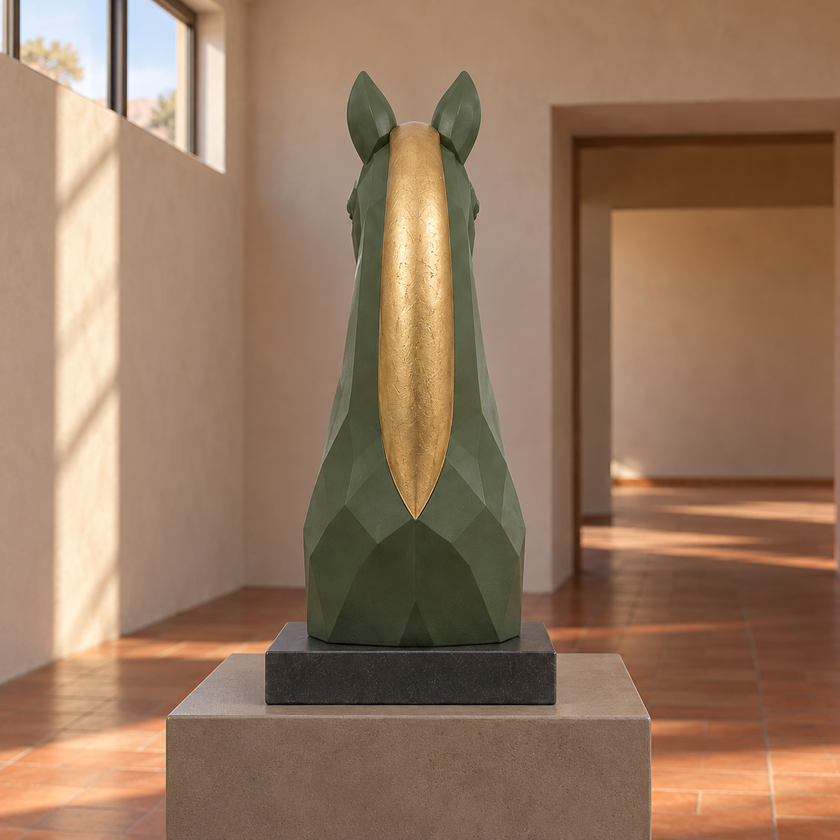 Rear view of the Verdant Poise horse bust, showing the centered gold mane and faceted green neck in an art gallery.
