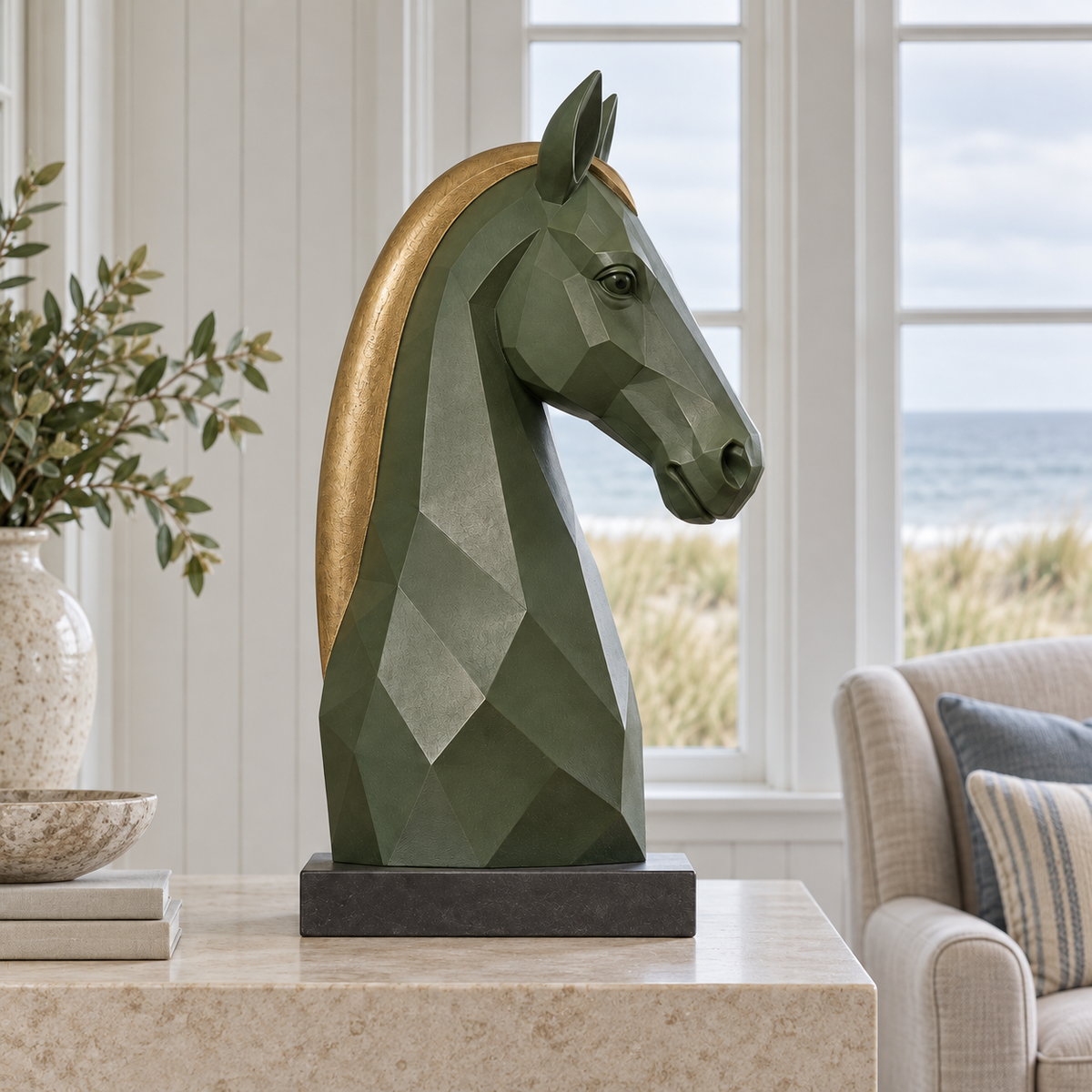 Side view of the sage-green fiberglass horse bust with a gold mane on a limestone console in a coastal home.
