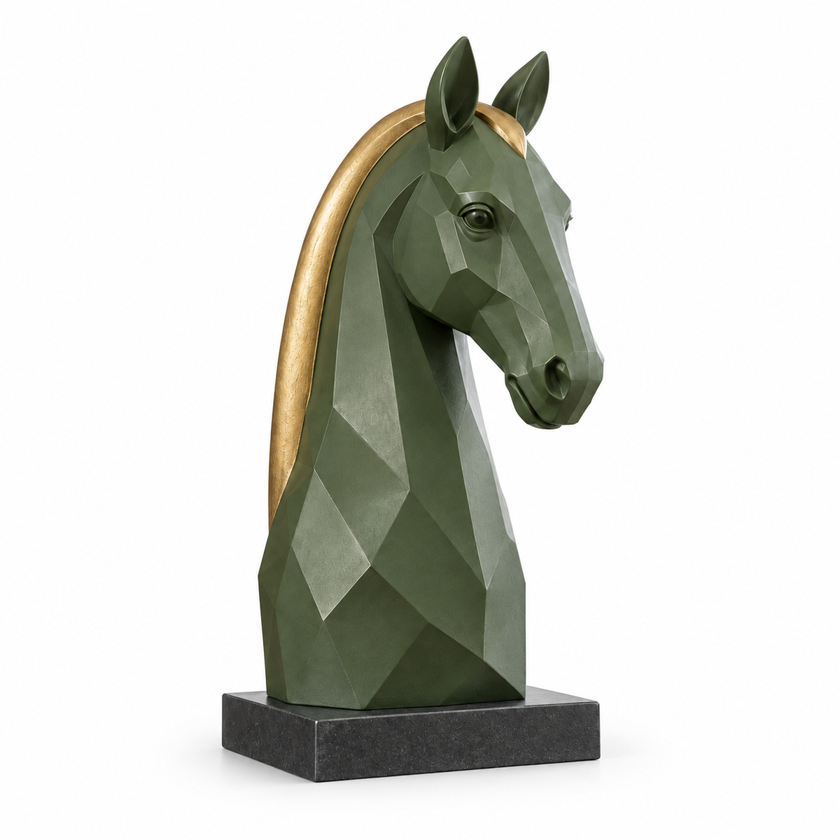 Sage-green and champagne-gold geometric fiberglass horse bust on a charcoal rectangular base against a white background.