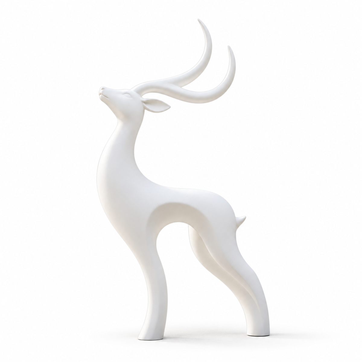 White fiberglass abstract deer sculpture shown on a clean white background with flowing curves and elongated antlers.