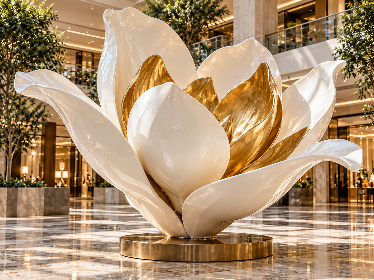 White and gold fiberglass flower sculpture displayed in a bright contemporary atrium.