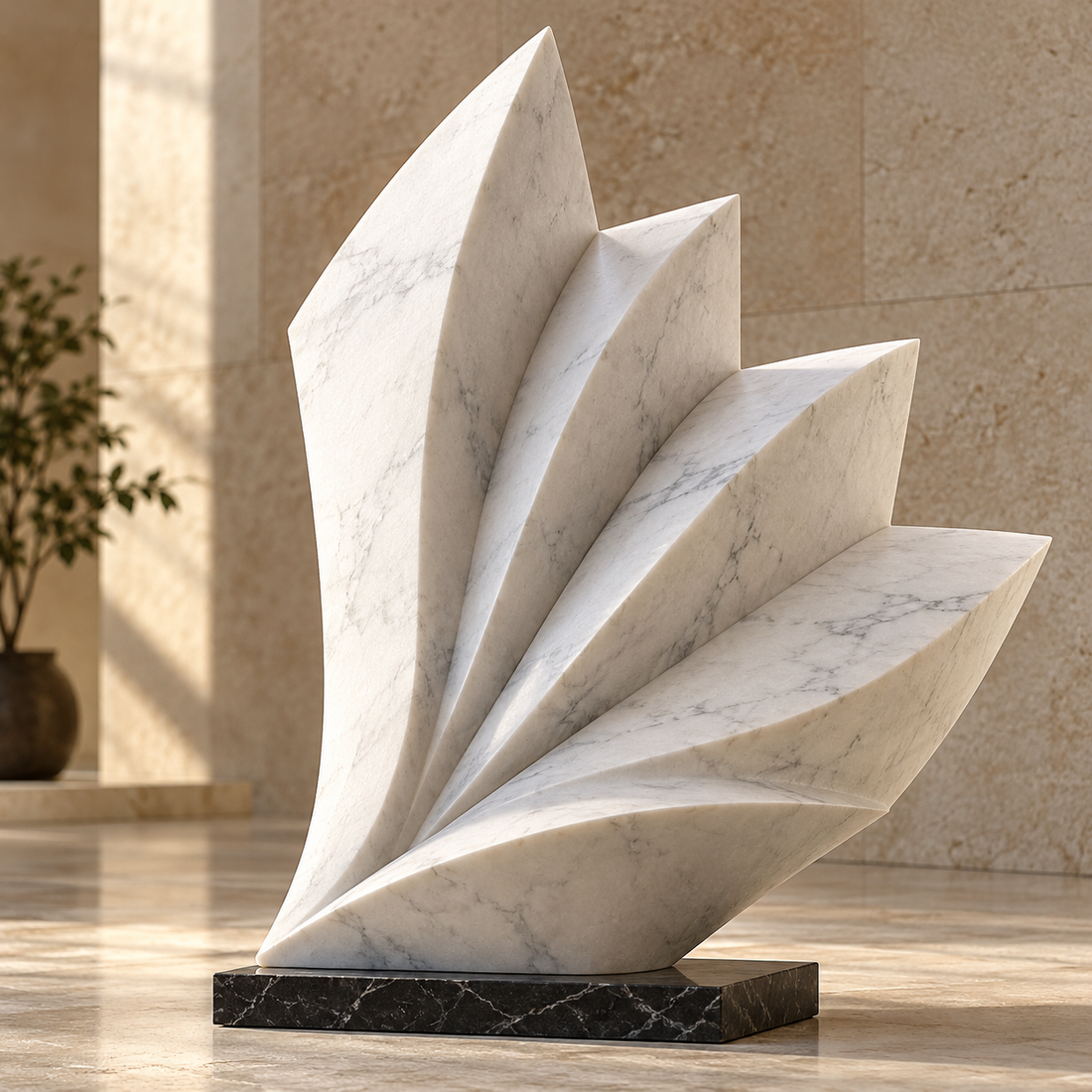 White marble abstract sculpture with folded planes and subtle gray veining.
