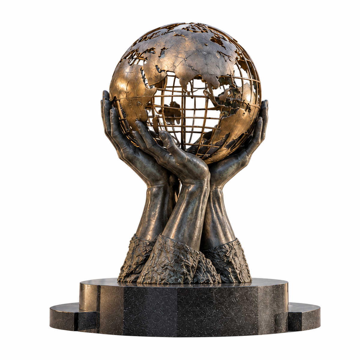 World in Our Hands bronze globe sculpture with supporting hands on white background